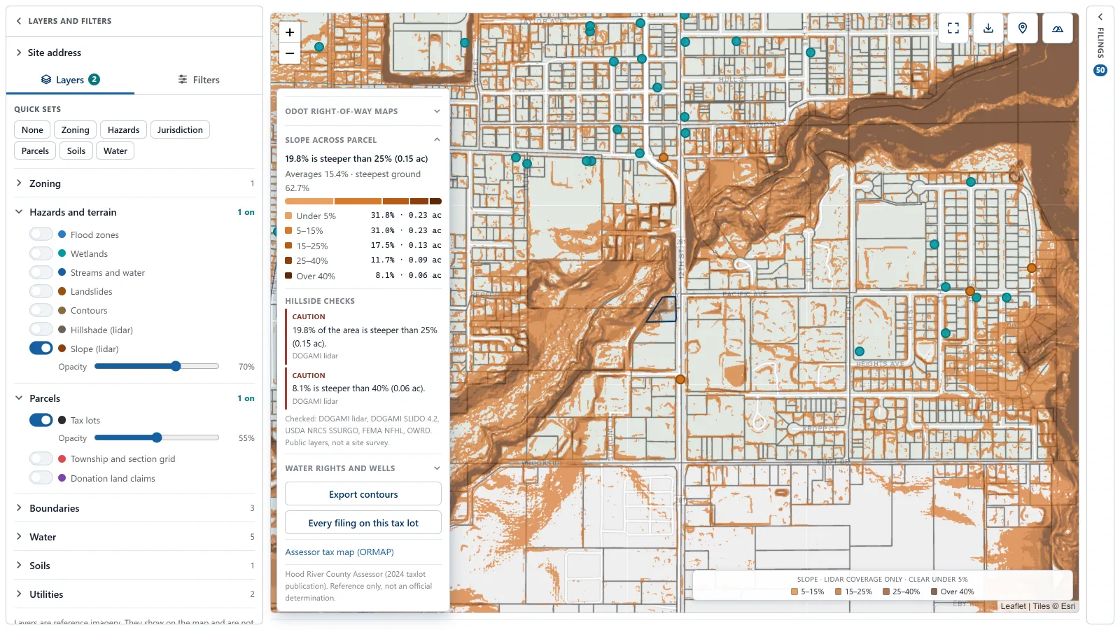 The slope section of a parcel card showing the share and acreage of the parcel in each of five slope bands, two hillside cautions for ground steeper than 25 and 40 percent, and the lidar slope layer shaded across the map.
